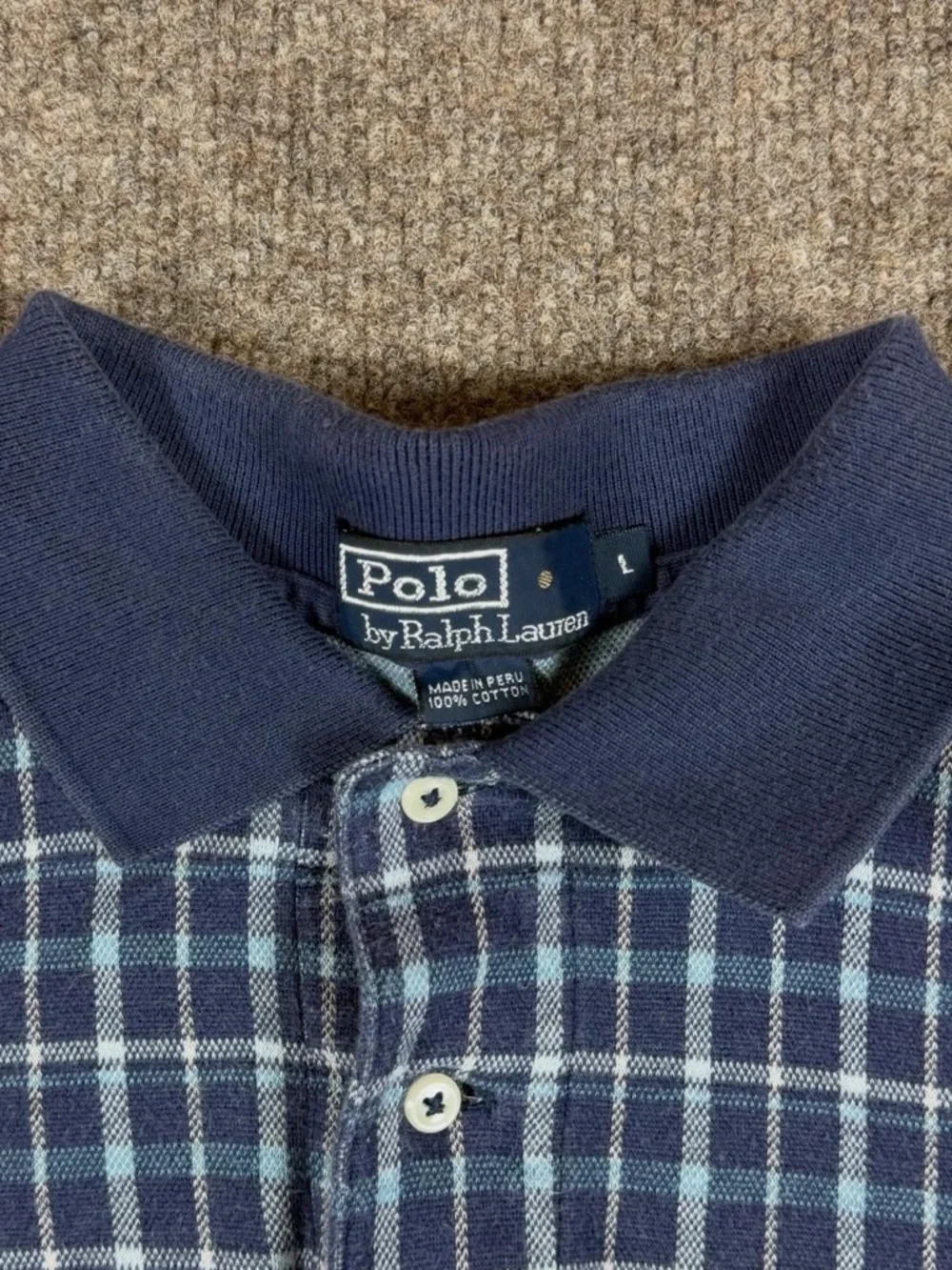 Vintage Polo Ralph Lauren Navy Blue Checkered Polo Mens L Short Sleeve Shirt 90s